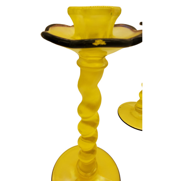 2 US Glass Topaz Twist Bobeche Candle Sticks Holders With Black Trim - Picture 11 of 13
